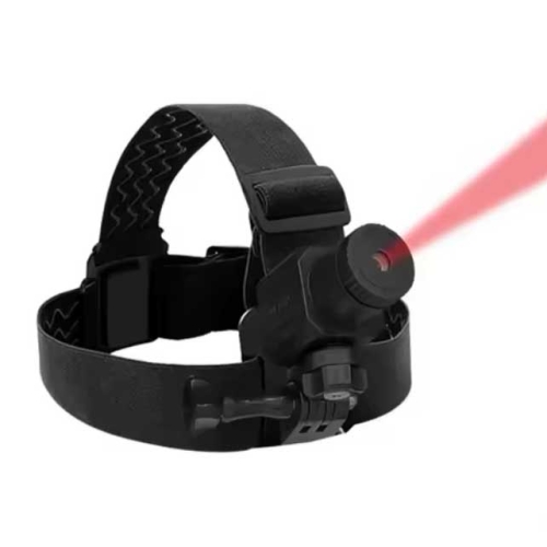 Laserowy trener kręgosłupa szyjnego z opaską na głowę i emisją czerwonej wiązki.