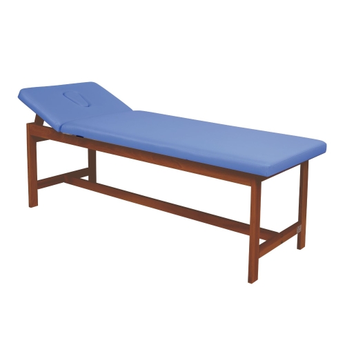 Leżanka drewniana KLD2 w kolorze orzech z regulowanym oparciem i niebieską tapicerką.