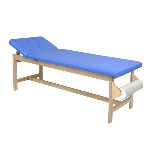 Leżanka drewniana KLD2 z niebieską tapicerką i uchwytem na podkład papierowy.