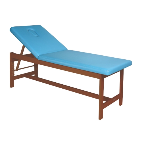 Leżanka drewniana KLD3 z regulowanym oparciem i niebieską tapicerką, kolor orzech.