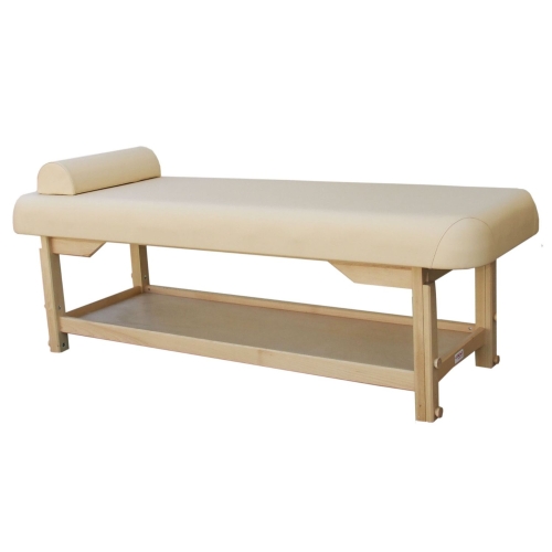 Leżanka drewniana ROMA-1BO w kolorze buk, z wałkiem pod głowę i dolną półką.