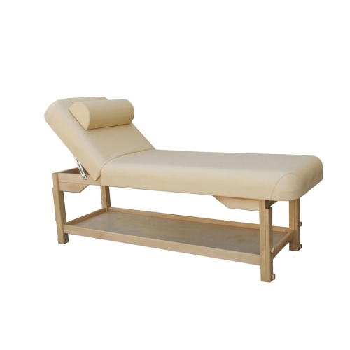 Leżanka drewniana ROMA-2BO w kolorze buk z regulowanym oparciem, wałkiem i dolną półką.