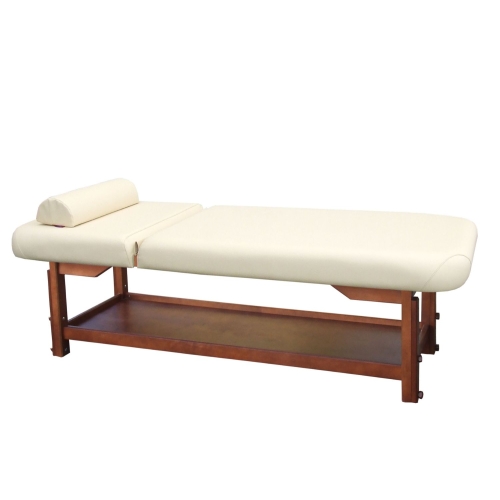 Leżanka drewniana ROMA-2BO w kolorze orzech z wałkiem pod głowę i dolną półką.