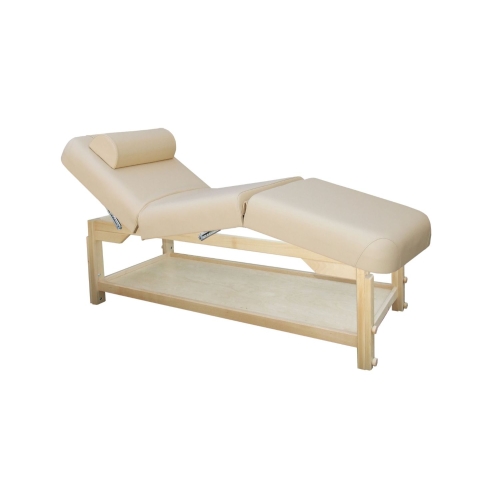 Leżanka drewniana ROMA-3BO w kolorze buk, z regulowanymi segmentami, wałkiem i dolną półką.