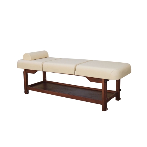 Leżanka drewniana ROMA-3BO w kolorze orzech, z trzema segmentami, wałkiem i dolną półką.