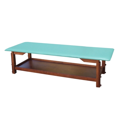 Leżanka drewniana ROMA BO w kolorze orzech z miętową tapicerką i dolną półką.