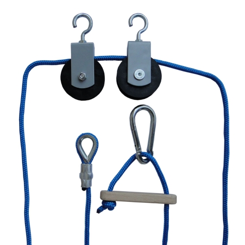 Linka z bloczkami do ćwiczeń z obciążeniem, długość 350 cm, z drewnianym uchwytem i metalowymi rolkami.