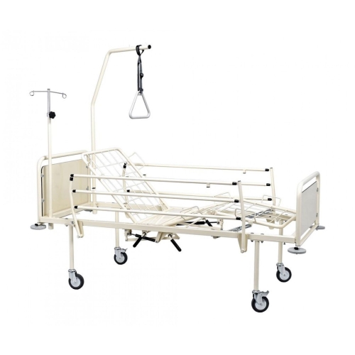 Łóżko rehabilitacyjne A-4 3SG z barierkami, wysięgnikiem i regulacją segmentów leża na kółkach.