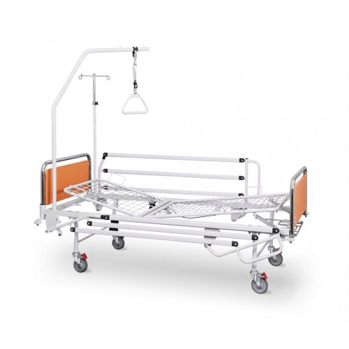 Łóżko rehabilitacyjne A-4 G z regulacją segmentów, wyposażone w wysięgnik i barierki boczne.