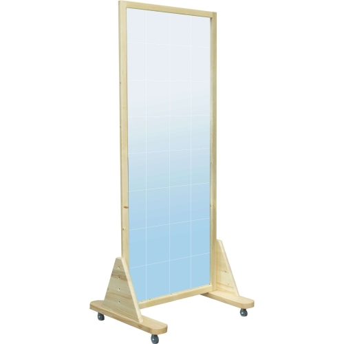Drewniane lustro korekcyjne LT-D na stabilnej podstawie z kółkami, przeznaczone do ćwiczeń i terapii.