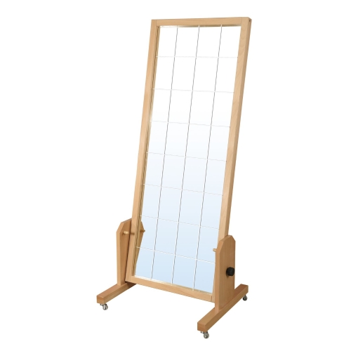 Lustro korekcyjne LT z drewnianą ramą, uchylne, na podstawie z kółkami do ćwiczeń i korekcji postawy.