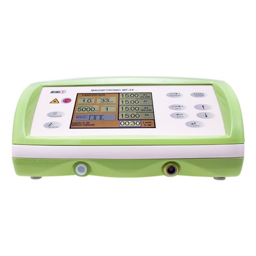 Magnetronic MF-24 prezentujący parametry zabiegowe na wyświetlaczu i złączami aplikatorów.
