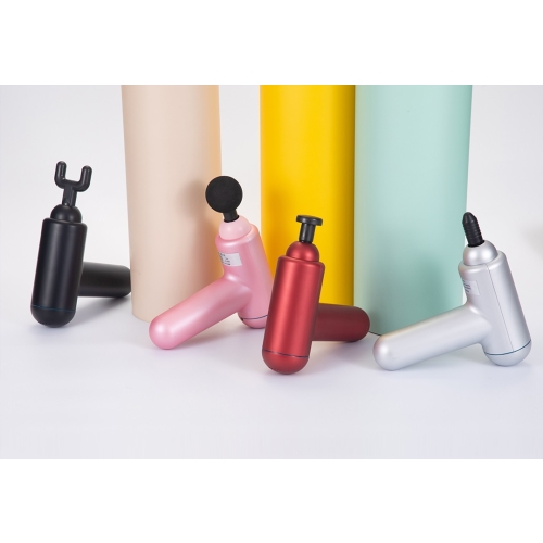 Kolorowe masażery elektryczne z różnymi końcówkami, przeznaczone do masażu mięśni.