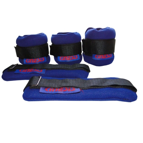 Obciążniki na rzepy w kolorze niebieskim, komplet do ćwiczeń wzmacniających z regulowanym zapięciem.