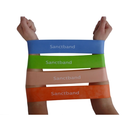 Zestaw kolorowych pętli oporowych Sanctband prezentowanych na przedramionach, do ćwiczeń siłowych i rehabilitacyjnych.