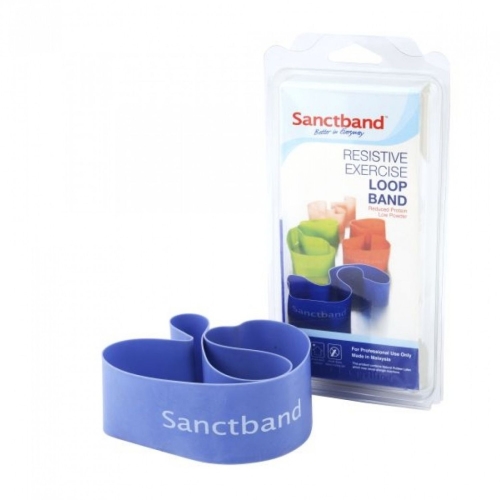 Niebieska pętla treningowa Sanctband z opakowaniem, stosowana do ćwiczeń oporowych i rehabilitacji.