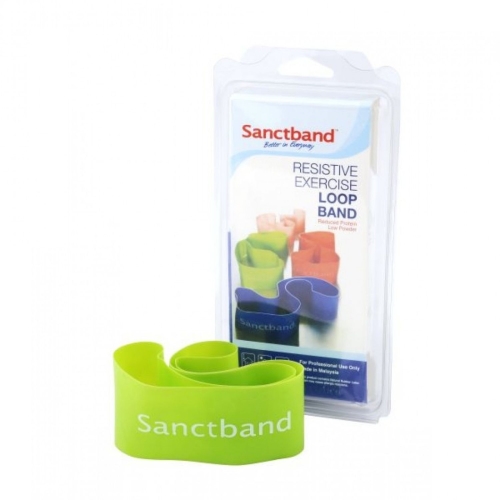 Zielona taśma oporowa Sanctband w formie pętli, prezentowana przed opakowaniem produktu.