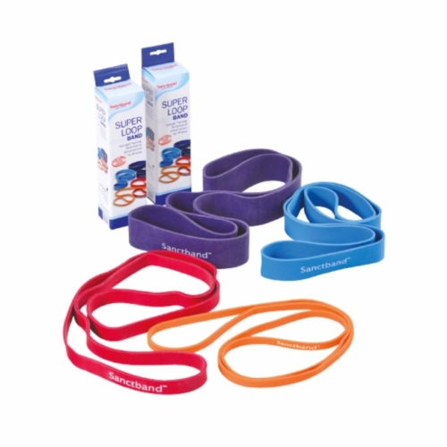 Zestaw kolorowych taśm Sanctband Super Loop oraz opakowania, przeznaczone do ćwiczeń siłowych i rehabilitacji.