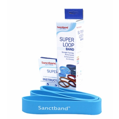 Niebieska taśma Sanctband Super Loop wraz z opakowaniem i instrukcją, do treningu oporowego.