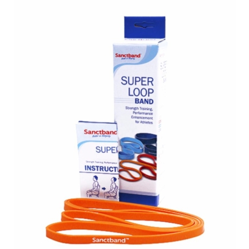 Pomarańczowa taśma Sanctband Super Loop z opakowaniem i instrukcją, do ćwiczeń wzmacniających.
