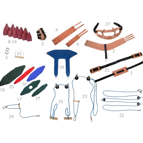 Zestaw osprzętu do UGUL w wersji STANDARD, zawierający podwieszki, pasy, linki i akcesoria do ćwiczeń w kabinie UGUL.