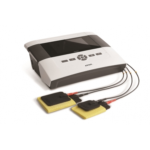 PhysioGo 100A – aparat do elektroterapii z dwoma elektrodami i przewodami.