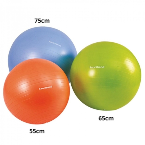 Zestaw piłek Sanctband Gymball w trzech rozmiarach: 55 cm, 65 cm i 75 cm, do treningu i rehabilitacji.