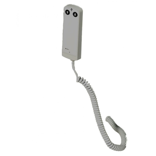 Pilot ręczny do stołów rehabilitacyjnych z przewodem spiralnym i przyciskami góra–dół.