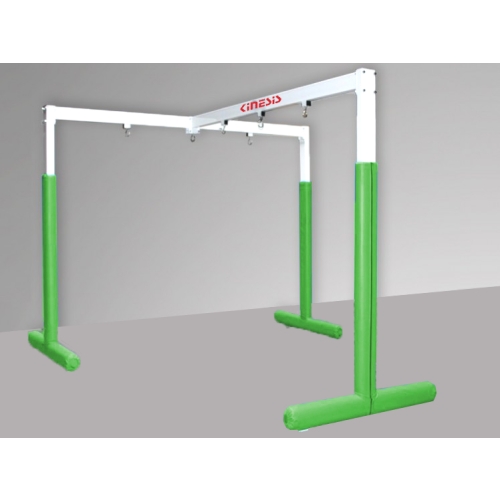 Wolnostojące podwiesie typu T do integracji sensomotorycznej, z belkami i punktami mocowania akcesoriów terapeutycznych.