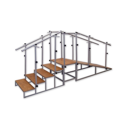 Uniwersalne schody do nauki chodzenia z podestem, poręczami regulowanymi i dwoma ciągami schodów.