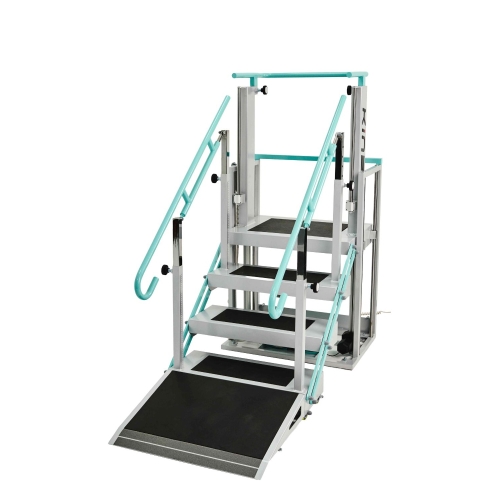 Schody GoStep z podestem, rampą i regulowanymi uchwytami wspierającymi naukę chodzenia