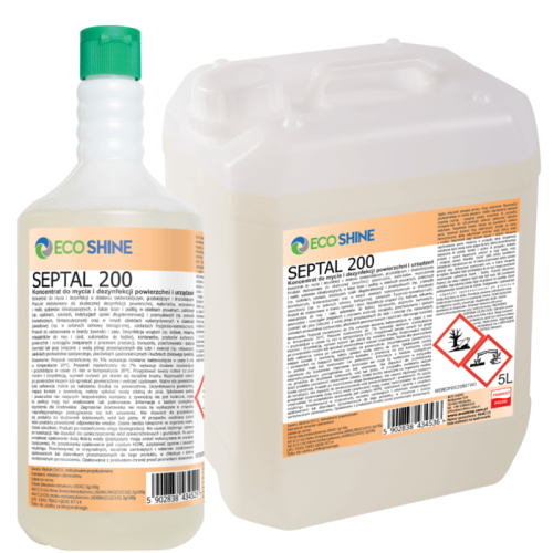 Preparat SEPTAL 200 Eco Shine – koncentrat do mycia i dezynfekcji, zestaw butelka 1L i kanister 5L.