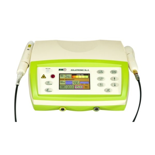 Aparat Solatronic SL-3 do laseroterapii, z kolorowym panelem sterowania i podłączonymi sondami.
