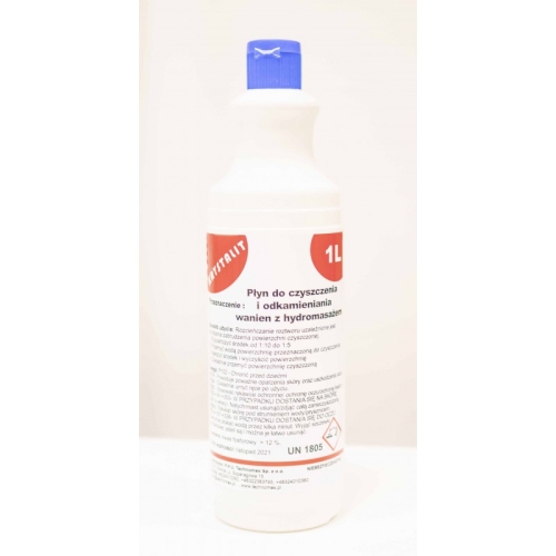Preparat Krystalit 1 L do czyszczenia i odkamieniania wanien z hydromasażem, widok butelki.