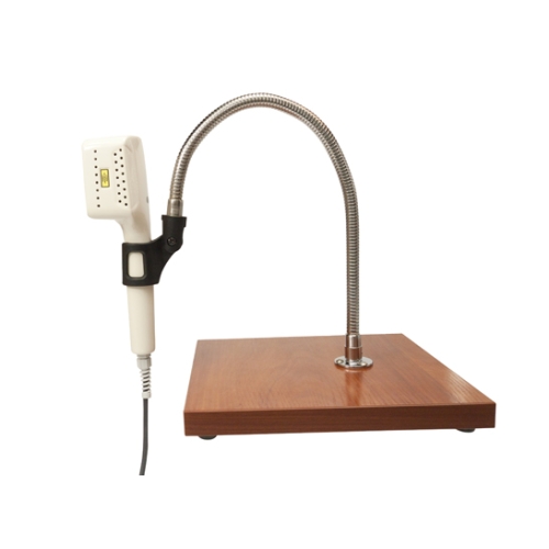 Statyw do aplikatora z uchwytem i elastycznym ramieniem, prezentowany z głowicą zabiegową.