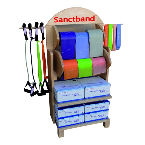 Drewniany stojak na taśmy Sanctband z taśmami i tubingami do ćwiczeń na ekspozycji.