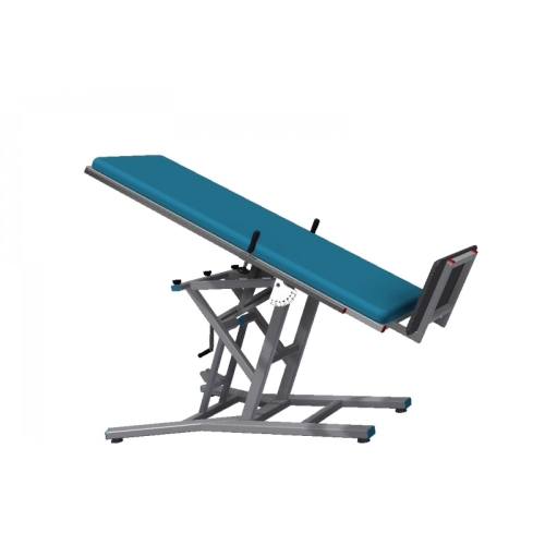 Stół pionizacyjny SP-R z regulacją kąta nachylenia i stabilnym podparciem nóg pacjenta.