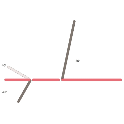 Schemat zakresu regulacji stołu rehabilitacyjnego PROFI 3 F PLUS KINESIS z opisem kątów.