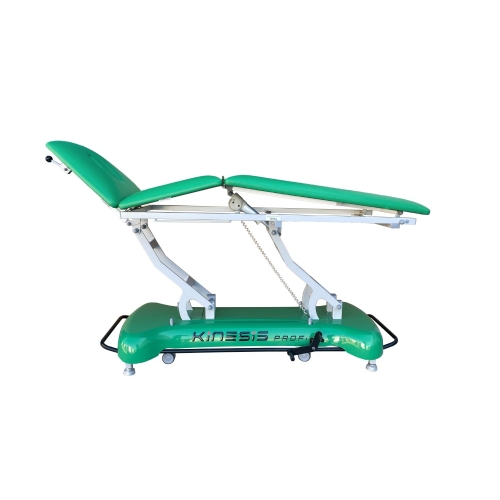 Stół rehabilitacyjny PROFI 3 Plus z zieloną tapicerką w pozycji pochyłej, widok z boku.