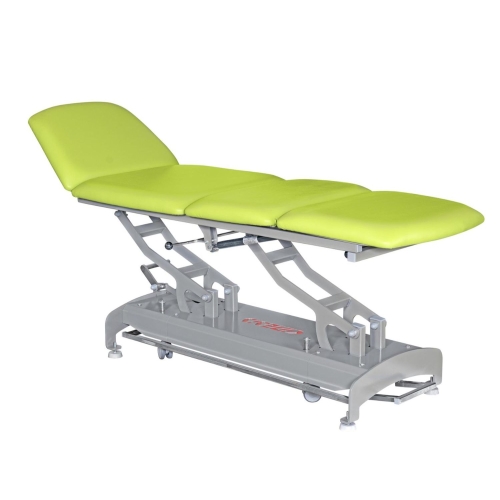 Stół rehabilitacyjny PROFI 4 Plus z limonkową tapicerką, konstrukcja czterosegmentowa, widok pod kątem.
