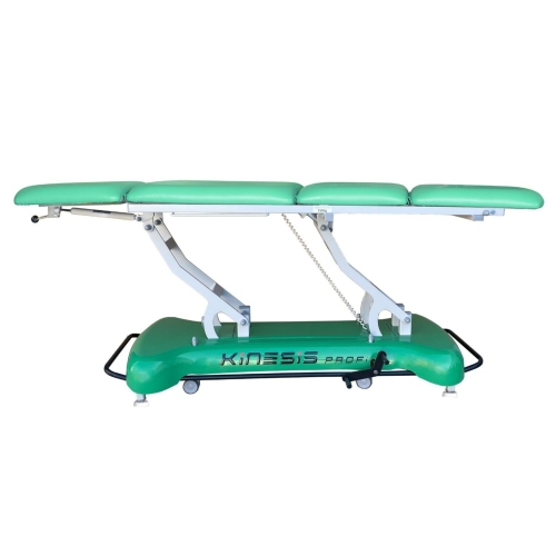 Stół rehabilitacyjny PROFI 4 Plus z zieloną tapicerką, pozycja płaska, widok z boku.