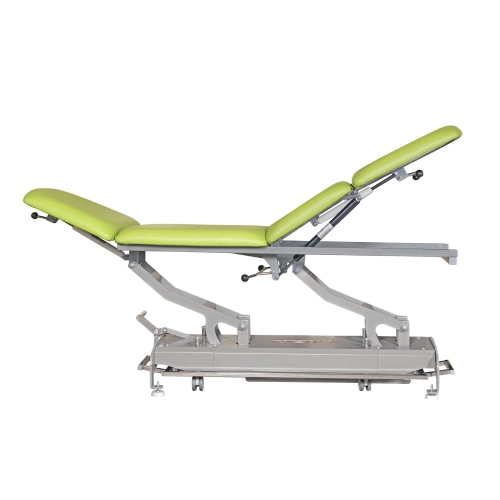 Stół rehabilitacyjny PROFI 4 Plus z limonkową tapicerką, pokaz zakresu regulacji segmentów.