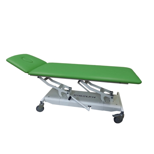Stół rehabilitacyjny spersonalizowany z zieloną tapicerką, stabilna podstawa na kołach, widok pod kątem.