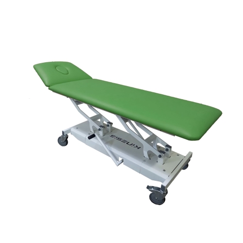 Stół rehabilitacyjny spersonalizowany z zieloną tapicerką, konstrukcja dwusegmentowa, widok pod kątem.