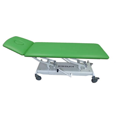 Stół rehabilitacyjny spersonalizowany z zieloną tapicerką, regulowany zagłówek, widok z boku na całej długości.