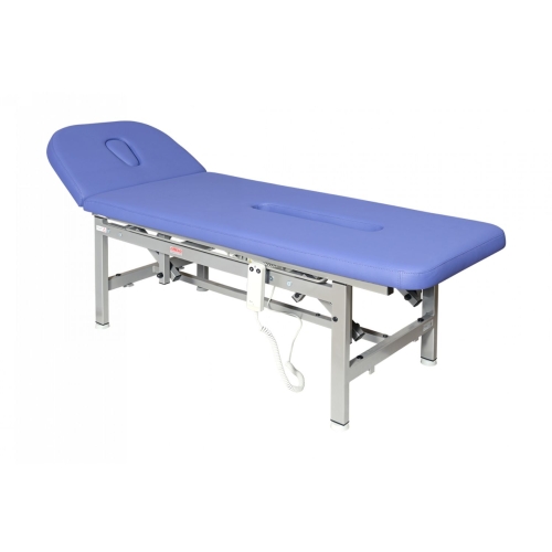 Stół rehabilitacyjny SR-E2 z niebieską tapicerką i regulowanym zagłówkiem, widok pod kątem.