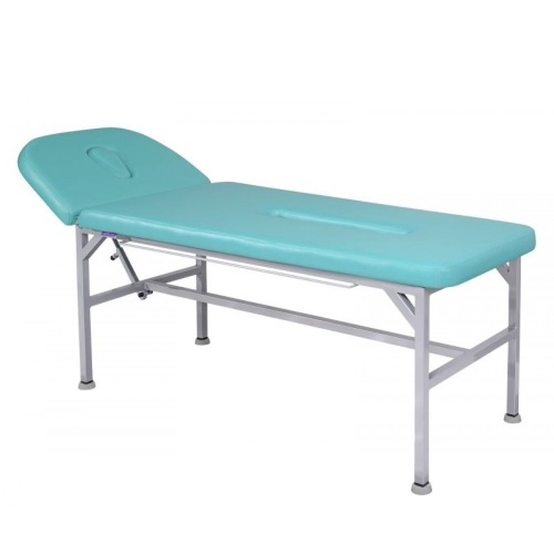 Stół rehabilitacyjny SR-S1 z turkusową tapicerką, regulowany zagłówek, widok pod kątem.