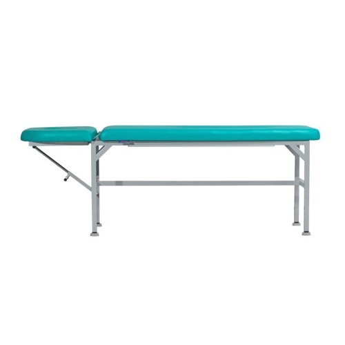 Stół rehabilitacyjny SR-S1 z turkusową tapicerką, zagłówek obniżony, widok z boku.