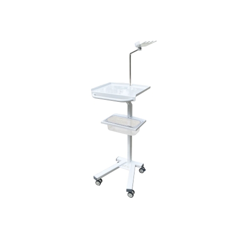 Stolik do EKG na kółkach z półką, uchwytem na elektrody i regulowanym wspornikiem.