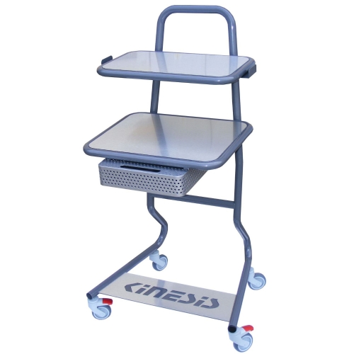 Stolik pod aparaturę medyczną ELEGANT z dwiema półkami i koszem perforowanym na akcesoria.